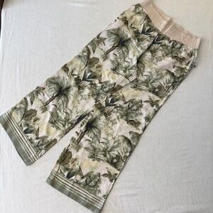 Soft Surroundings 100% Linen Wide Leg Jungle Tiger Print Pants Green Tan Medium